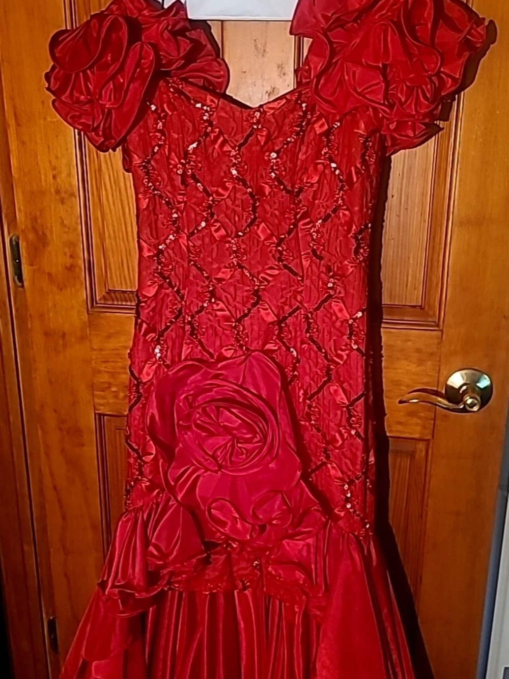 Red Ruffled Floral Appliqué Evening Gown By Dave & Johnny Size 7-8 - Picture 2 of 11